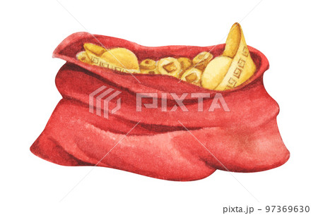 Red fortune bag full of Gold coins and Chinese gold ingot. Watercolor illustration. Red fortune bag full of Gold coins and Chinese gold ingot. Watercolor illustration. 97369630