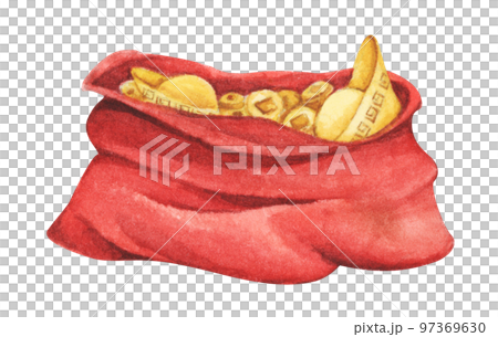 Red fortune bag full of Gold coins and Chinese gold ingot. Watercolor illustration. Red fortune bag full of Gold coins and Chinese gold ingot. Watercolor illustration. 97369630