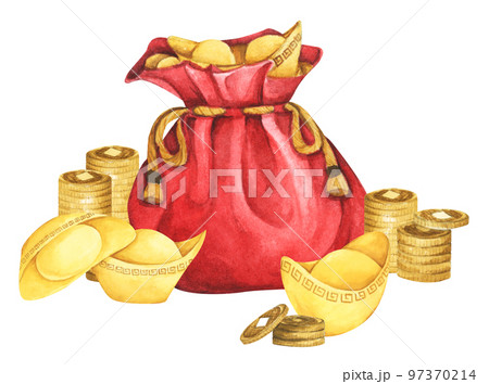 Red fortune bag full of Gold coins and Chinese gold ingot. Watercolor illustration. 97370214