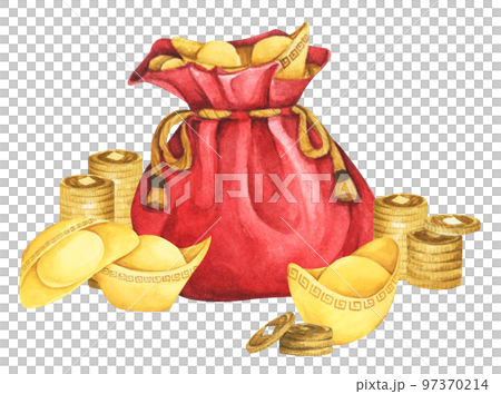 Red fortune bag full of Gold coins and Chinese gold ingot. Watercolor illustration. 97370214