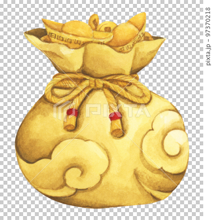 Yellow fortune bag full of Gold coins and Chinese gold ingot. Watercolor illustration. 97370218