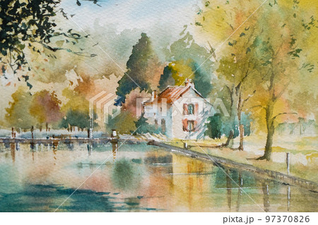 195）原画 水彩画 風景画 南フランスの小さな村 絵画 マグリット