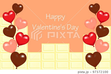ホワイトチョコレートの背景にハートの風船とバレンタインのロゴマーク 97372100