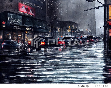 大雨で浸水した都会 大雨で浸水した都会 97372138