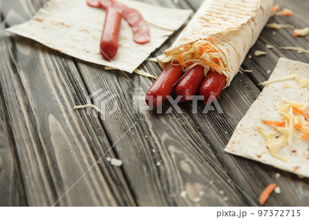 ingredients for cooking kebabs with sausages.photo with copy space 97372715