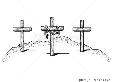 Three crosses with fabric on Golgotha, crucifixion hill in jerusalem, biblical mount Calvary, resurrection, vector Three crosses with fabric on Golgotha, crucifixion hill in jerusalem, biblical mount Calvary, resurrection, vector 97373452