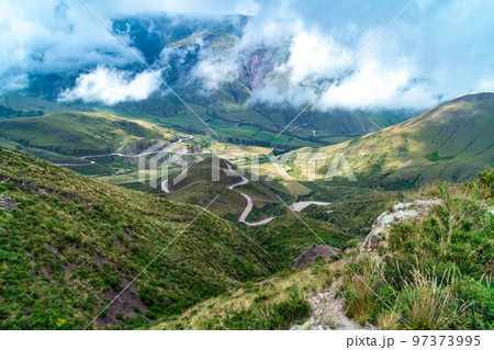 winding mountain roads in the Andes Mountains in the Los Cardones National Park winding mountain roads in the Andes Mountains in the Los Cardones National Park 97373995