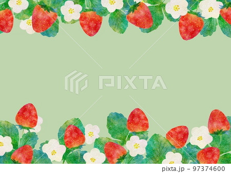 苺とイチゴの葉っぱの水彩画イラストの水平フレームのセット 97374600