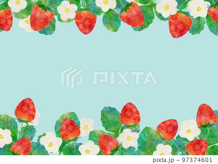 苺とイチゴの葉っぱの水彩画イラストの水平フレームのセット 苺とイチゴの葉っぱの水彩画イラストの水平フレームのセット 97374601