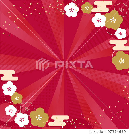 おめでたい和柄フレームと紙吹雪の舞う華やかな赤の放射背景　正方形 97374630