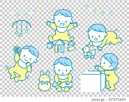 元気に遊ぶ赤ちゃんの表情イラストセット素材 97375845