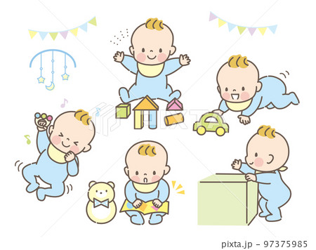 元気に遊ぶ赤ちゃんの表情イラストセット素材のイラスト素材 [97375985