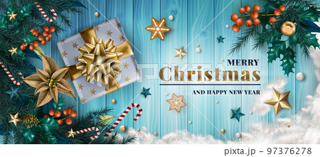 Christmas banner. Holiday gift and fir branches. Blue background new year decoration card, golden ribbon, wrapped presents, Xmas tree toy, candy cane. 3d isolated elements. Vector exact illustration Christmas banner. Holiday gift and fir branches. Blue background new year decoration card, golden ribbon, wrapped presents, Xmas tree toy, candy cane. 3d isolated elements. Vector exact illustration 97376278