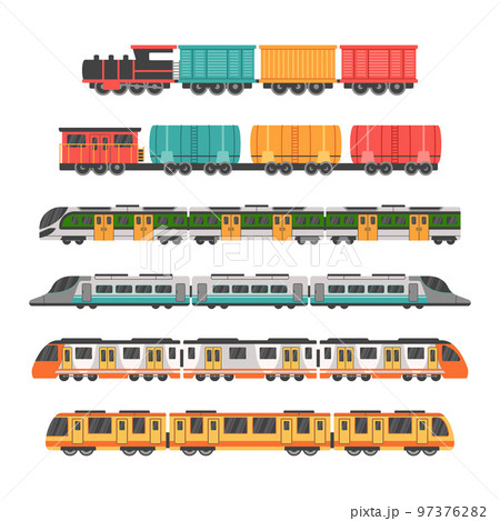 Subway trains. Speed cargo transport. Rail locomotives and wagons in railroad. Fast Europe commuter vans. Railroad or metro transportation. Railway vehicles set. Vector isolated garish illustration 97376282