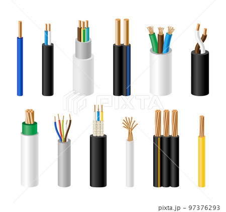 Electric short wires. Circuit copper cable with rubber insulation. Industrial metal conductor fiber. Technology power voltage connection. Energy communication. Electrical supply. Vector flat utter set 97376293