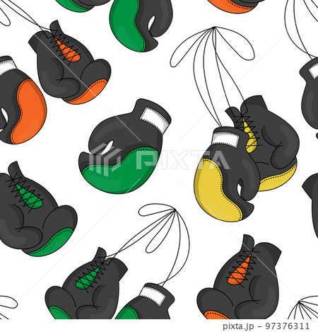 Boxing gloves. Boxers sport pattern. Hands protection. Leather mittens. Lifestyle graphic for wrapping paper. Game training accessory. Fight mitts. Fabric print. Vector seamless current background 97376311