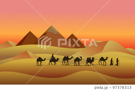 Egypt pyramids. Camels in Egyptian desert. Caravan silhouette in sunset or sunrise scenery. Bedouins travel in sands of Sahara. African panorama. Pharaoh tombs. Vector illustration current background 97376313