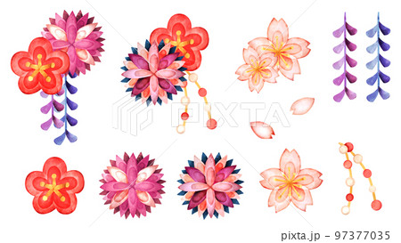 つまみ細工の花の水彩風イラストセット つまみ細工の花の水彩風イラストセット 97377035