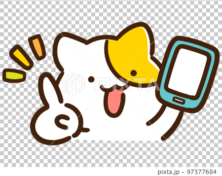 スマホを持ちながら人差し指を指して強調するかわいいねこのキャラクターの手書き風イラスト 97377684