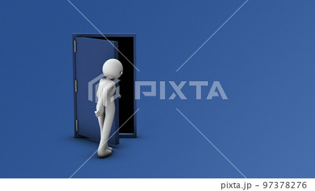 広い空間に独立して佇むスチール製の扉。扉を開けて暗い室内に侵入する。 97378276