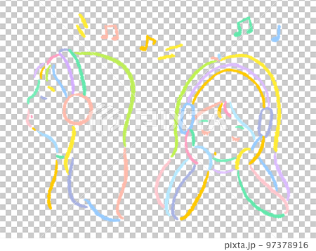 ヘッドホンで音楽を聞く女性 カラフルでシンプルな手描きの線画イラスト ヘッドホンで音楽を聞く女性 カラフルでシンプルな手描きの線画イラスト 97378916