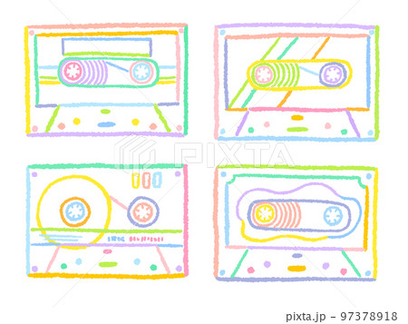 カセットテープ カラフルでシンプルな手描きの線画イラストセット カセットテープ カラフルでシンプルな手描きの線画イラストセット 97378918