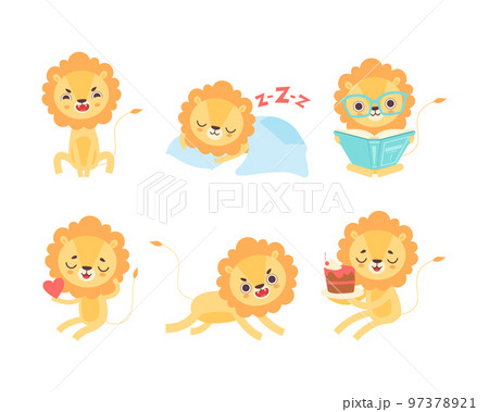 Lion Cub Character with Thick Mane Engaged in Different Activity Vector Set 97378921