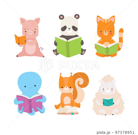 Cute Animals Sitting and Reading Book Enjoying Interesting Story Vector Set 97378951