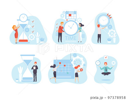 Effective Time Management with People Organizing Time on Clock and Calendar Vector Set 97378958