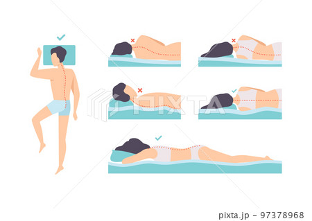 Man and Woman Lying in Correct and Incorrect Sleeping Pose for Neck and Spine Vector Set 97378968
