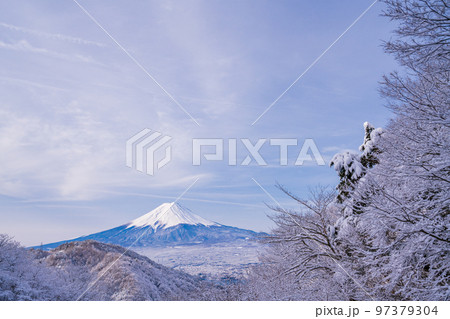 (山梨県)日本の冬景色・雪が降った御坂峠から望む富士山 (山梨県)日本の冬景色・雪が降った御坂峠から望む富士山 97379304