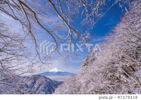 （山梨県）日本の冬景色・雪が降った御坂峠から望む富士山 97379318