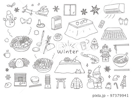 冬にまつわる手描きイラストセット（モノクロ） 97379941