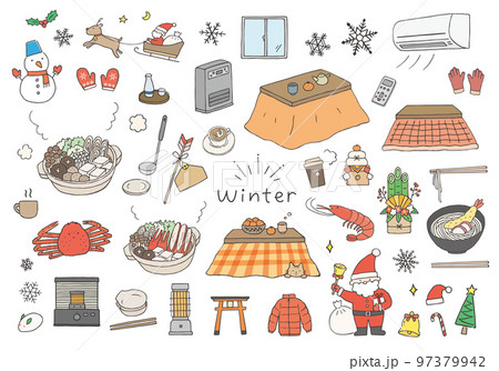 冬にまつわる手描きイラストセット（カラー）のイラスト素材 [97379942
