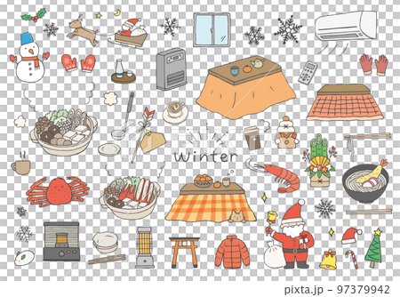 手描きイラスト ばく 冬 冬にまつわる手描きイラストセット（カラー）のイラスト素材 [97379942