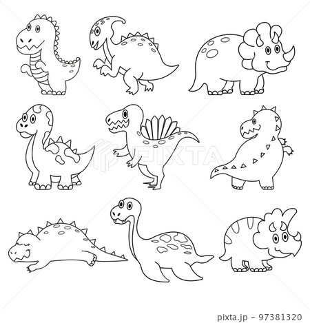 dinosaurs and ancient animals. a collection of vector illustrations in the doodle cartoon outline style.	 97381320