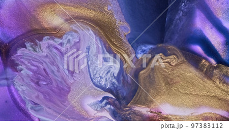 Lilac gold ink shiny splash current background. Beautiful abstract paint flow. Purple blue gold color fluid art mix. Golden glitter liquid in motion. Creative texture, pattern Lilac gold ink shiny splash current background. Beautiful abstract paint flow. Purple blue gold color fluid art mix. Golden glitter liquid in motion. Creative texture, pattern 97383112