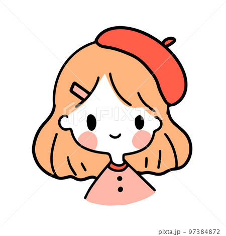 Cute colorful trendy hand drawn portrait of smiling girl with orange hair and red beret Cute colorful trendy hand drawn portrait of smiling girl with orange hair and red beret 97384872