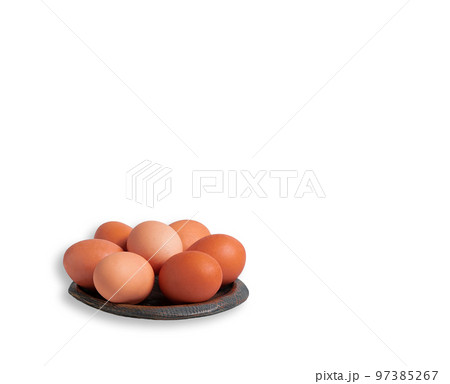 Chicken eggs on blue background, Easter plate	 97385267