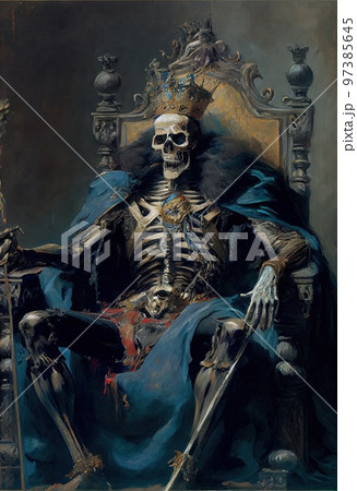 A horrible ancient skeleton king sits on a throne. The concept of a dead king. Generative AI Art. 97385645