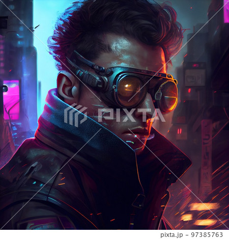 Portrait of a sci-fi cyberpunk man. High-tech futuristic man from the future. The concept of virtual reality and cyberpunk. Generative AI Art. 97385763