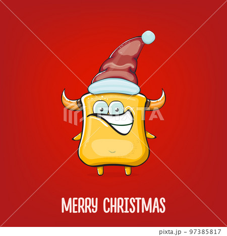 Vector cartoon funky orange monster with Santa Claus red hat isolated on red background. Funny and cute Childrens Merry Christmas greeting card with funny orange monster elf Santa Claus character. Vector cartoon funky orange monster with Santa Claus red hat isolated on red background. Funny and cute Childrens Merry Christmas greeting card with funny orange monster elf Santa Claus character. 97385817
