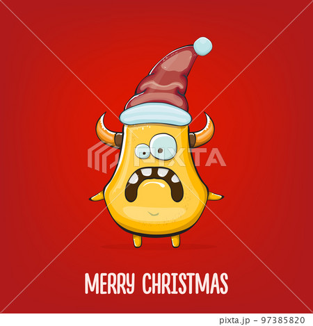 Vector cartoon funky orange monster with Santa Claus red hat isolated on red background. Funny and cute Childrens Merry Christmas greeting card with funny orange monster elf Santa Claus character. 97385820