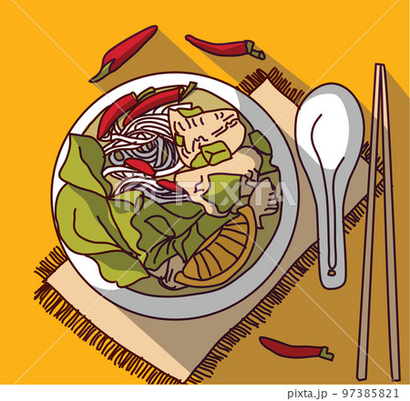 Pho bo soup food top view 97385821