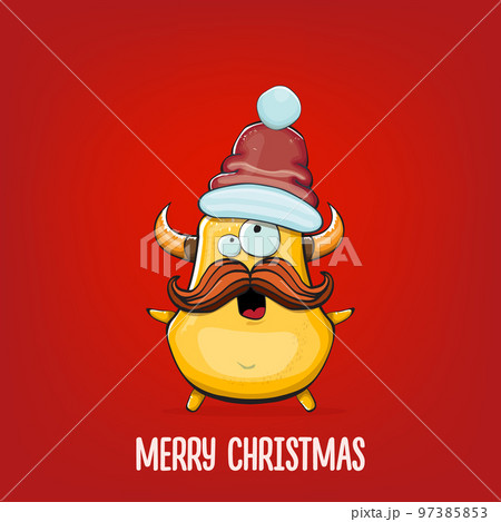 Vector cartoon funky orange monster with Santa Claus red hat isolated on red background. Funny and cute Childrens Merry Christmas greeting card with funny orange monster elf Santa Claus character. 97385853