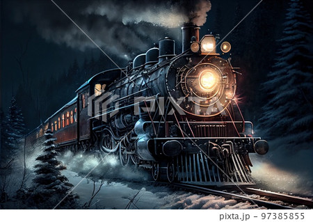A vintage steam train with a vintage locomotive and vintage cars moves along the rails through the night forest. Generative AI Art 97385855