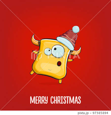 Vector cartoon funky orange monster with Santa Claus red hat isolated on red background. Funny and cute Childrens Merry Christmas greeting card with funny orange monster elf Santa Claus character. 97385894