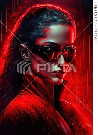 Portrait of a sci-fi cyberpunk girl. High-tech futuristic woman from the future. The concept of virtual reality and cyberpunk. Generative AI Art. 97385895