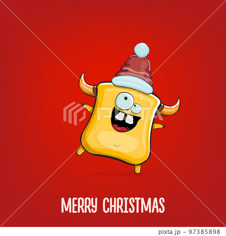 Vector cartoon funky orange monster with Santa Claus red hat isolated on red background. Funny and cute Childrens Merry Christmas greeting card with funny orange monster elf Santa Claus character. 97385898