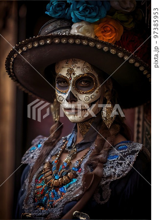 A young beautiful woman with a skull painted on her face on the Day of the Dead in Mexico. Generative AI Art A young beautiful woman with a skull painted on her face on the Day of the Dead in Mexico. Generative AI Art 97385953